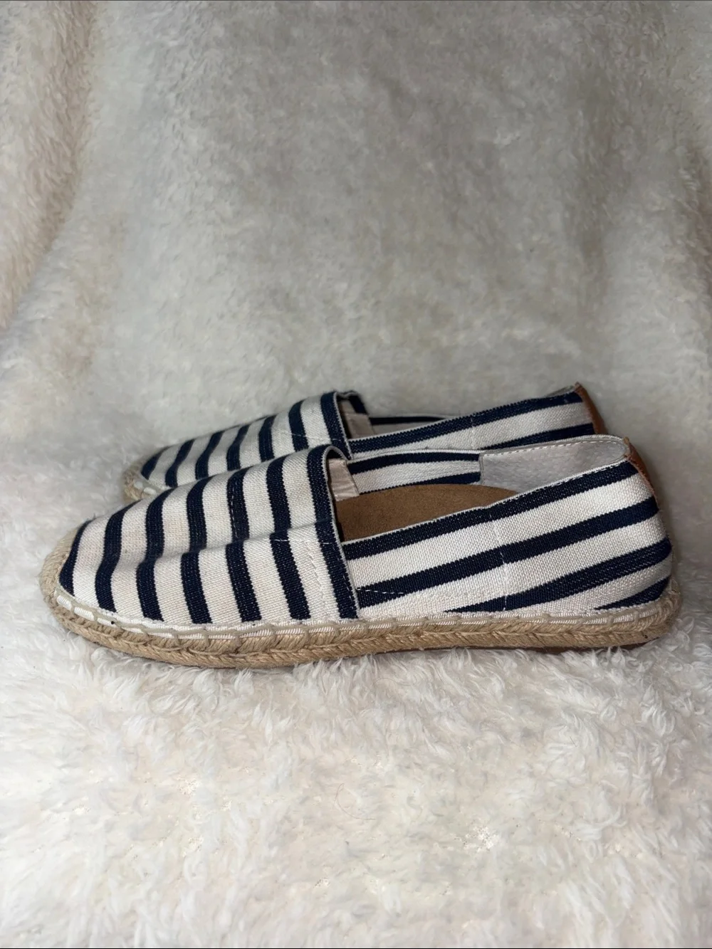 Vionic Valeri Striped Canvas Espadrille Flats Navy Blue White Orthotic Support